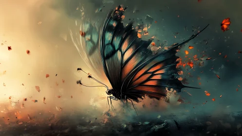 Shattering emberwing butterfly erupts through stormy twilight.