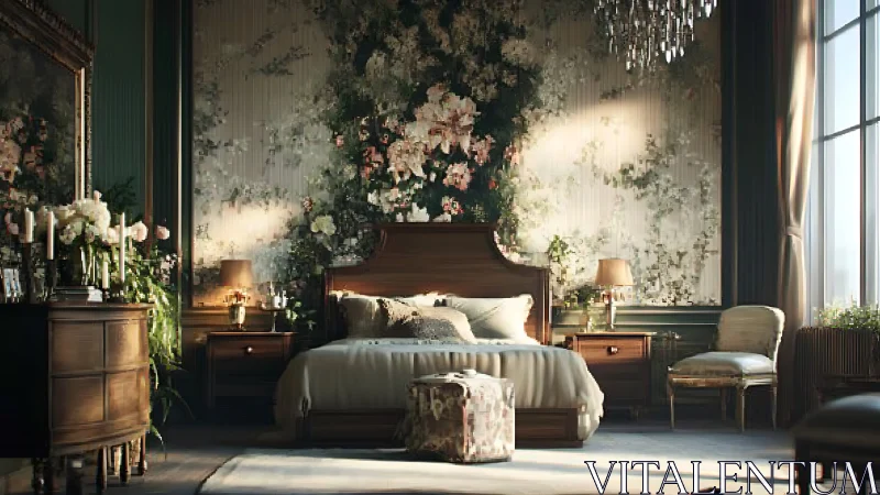Luxurious floral bedroom showcases classic wood furniture