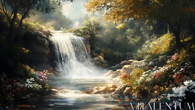 Sunlit forest waterfall embraced by blooming wildflowers.