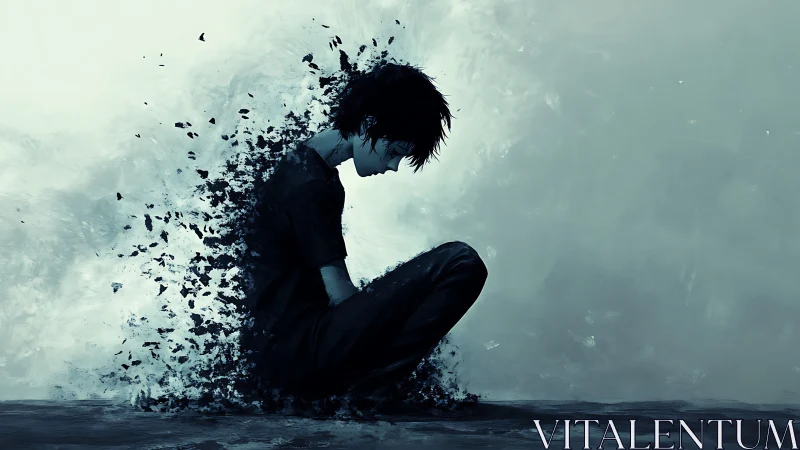 Digital painting of dissolving seated figure in desaturated space.