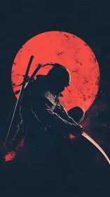 Silhouetted samurai kneels with drawn katana before red sun
