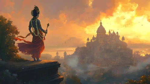 Divine figure overlooks golden temple city at blazing sunset