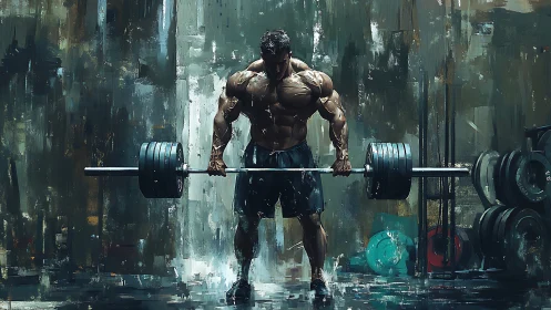Muscular man lifting loaded barbell in abstract gym setting.