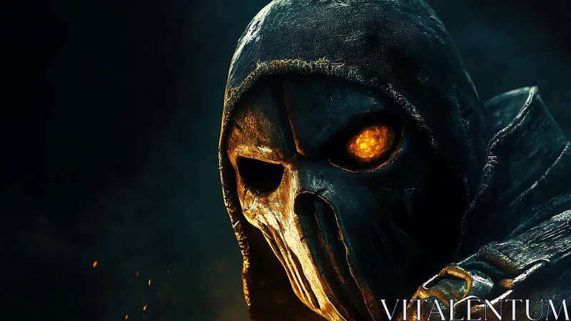 Fiery eyed hooded reaper gazes out from the smoky dark