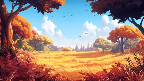 Golden autumn meadow under bright sky and drifting birds.