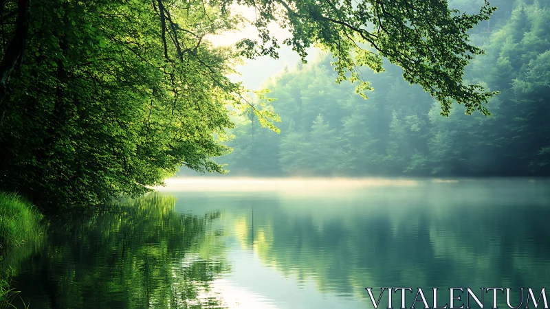 Sunlit forest canopy frames a tranquil mist-layered lake