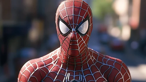 Textured arachnid suit close-up in shallow depth-of-field.