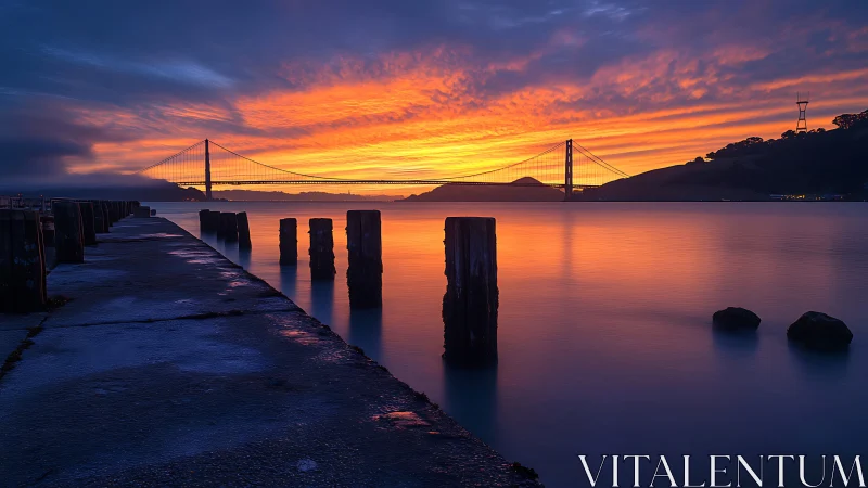 Golden Gate bridge glows in a calm, painted sunrise sky.