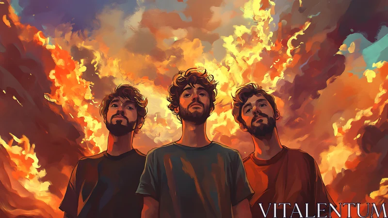 Three Figures Against Inferno: Digital Illustration