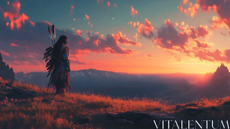 Indigenous figure observes sunlit mountain valley at dusk