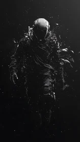 Shattered void trooper emerging from dark cosmic dust.