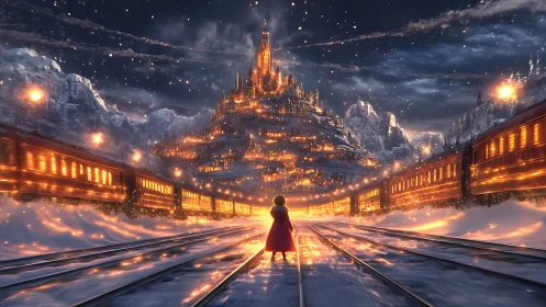 Symmetrical winter rail convergence toward illuminated mountain citadel