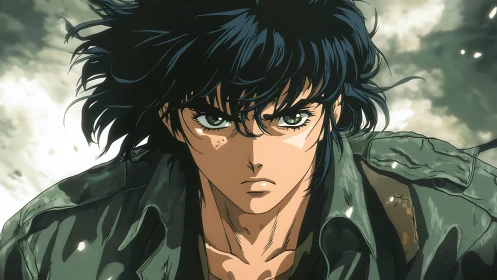 Wind-torn anime fighter under cinematic atmospheric turbulence.