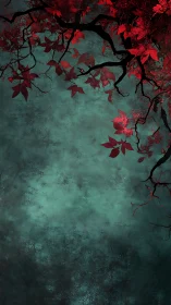Red autumn branches descend over a dark teal misted sky