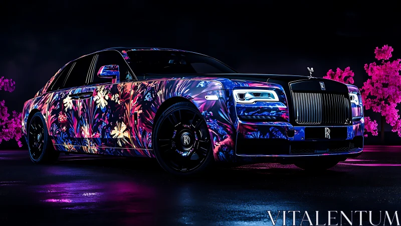 Neon floral-wrapped luxury sedan rendered in cyber-noir lighting