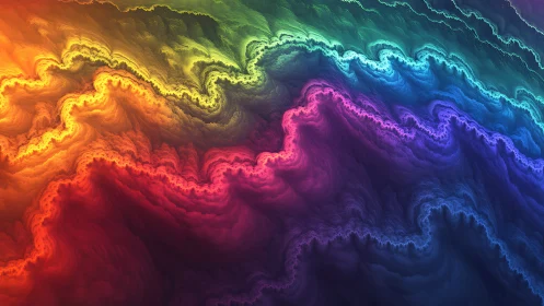 Radiant fractal waves cascade through a shifting rainbow spectrum.