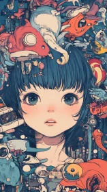 Surreal anime portrait integrates biomechanical fauna and dense linework