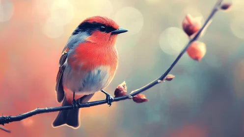 Vibrant songbird on branch in dreamy soft-focus nature scene.