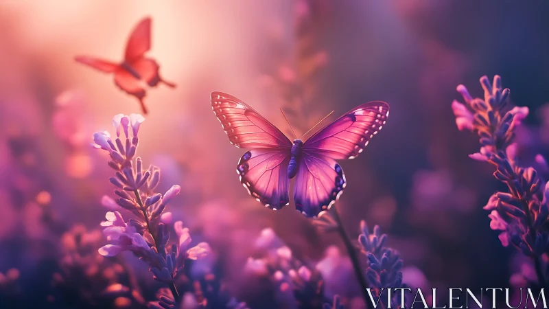 Violet butterfly hovers over glowing lavender meadow at dusk.