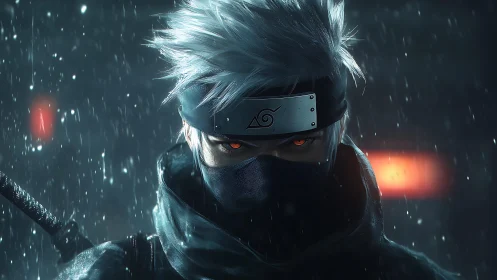 Masked shinobi portrait renders in rain with glowing eyes