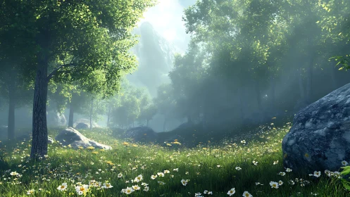 Misty Forest Valley with Sunlit Canopy and Wildflower Meadow