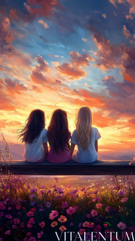 Three girls on bench watching vivid sunset sky together.