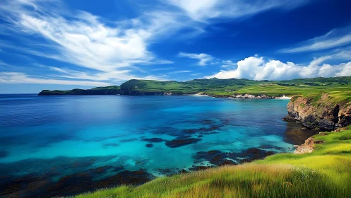 Coastal landscape with turquoise waters and green hillside