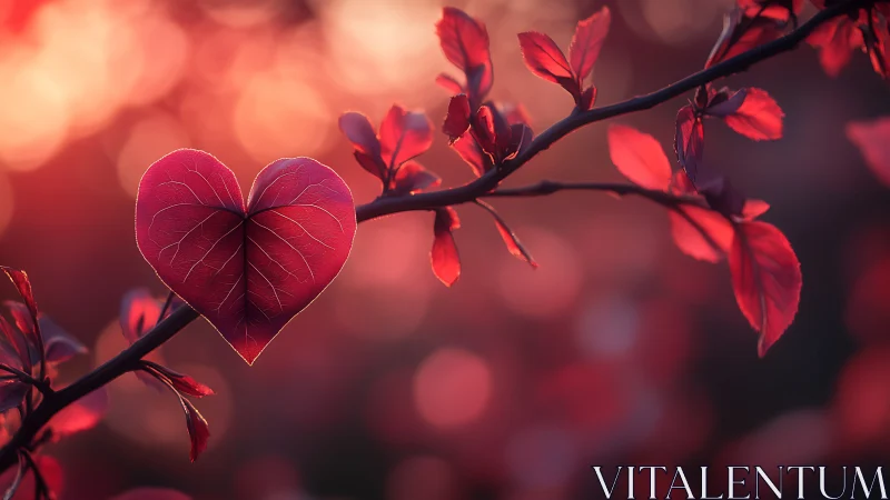 Heart-shaped leaf glowing in warm crimson backlighting.