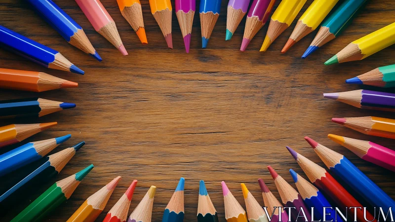 Colored pencil tips arranged in ring on wooden table.