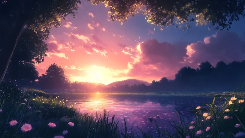 Sunset over calm lake with flowers and distant trees.