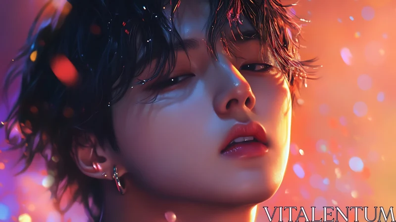 Close digital portrait of youthful face with bokeh light effects.