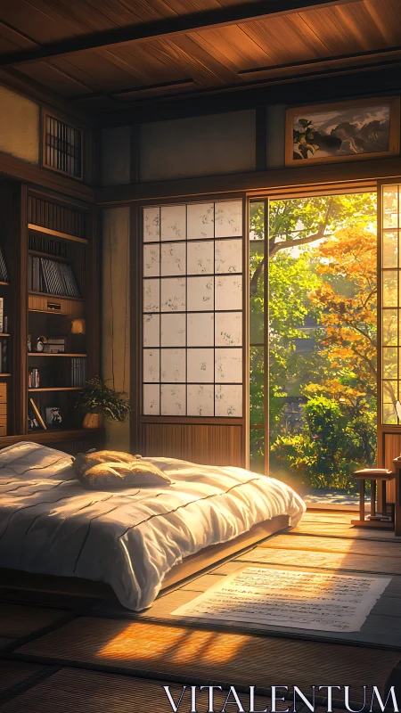 Sunlit tatami bedroom with shoji and garden view.