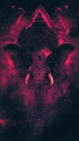 Symmetrical neon elephant deity rendered with high contrast magenta lighting