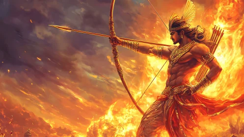 Mythic archer draws a flaming bow amid apocalyptic sky