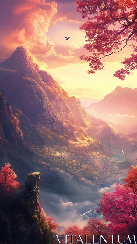 Vertical panoramic landscape shows stylized mountains and valley