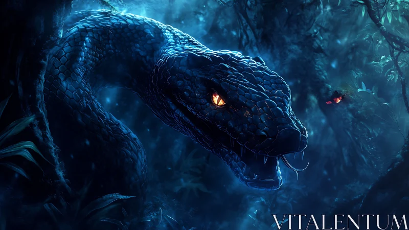 Bioluminescent serpent stalks twilight jungle canopy