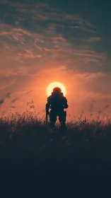Astronaut silhouette aligned with sun over dusk field.