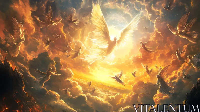 Winged angelic figures radiate light within dense golden clouds