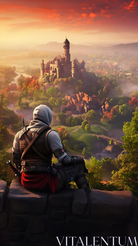 Hooded rogue surveys a sunlit castle from stone rampart.