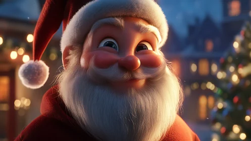 Jolly Santa’s cozy smile brightening a snowy Christmas night.