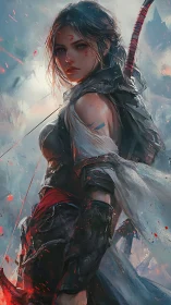 Armored female warrior stands with sword amid swirling embers