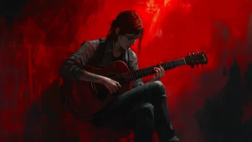 Solitary red haired guitarist in chiaroscuro digital study