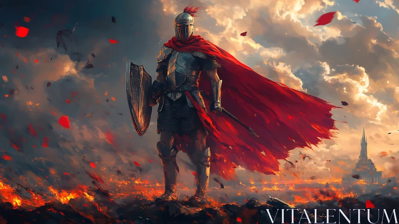 Armored crusader with red war cloak in burning battlefield