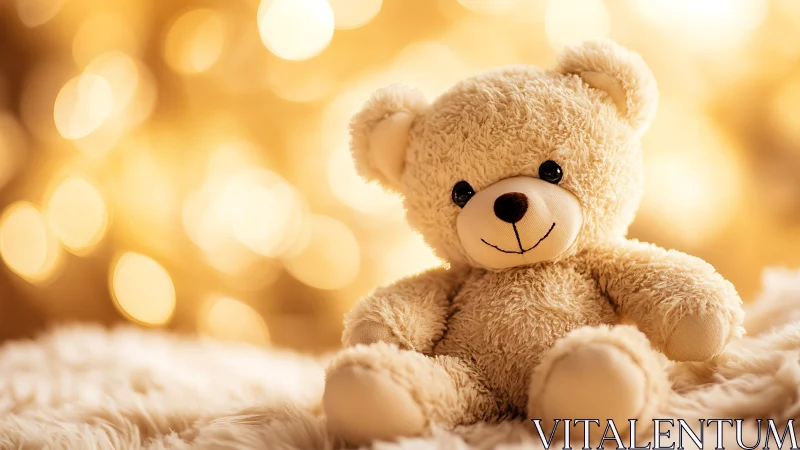 Photorealistic plush teddy bear on warm bokeh backdrop.
