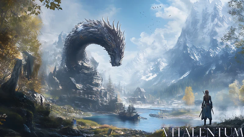 Mountain river confrontation with serpentine rock dragon sentinel.