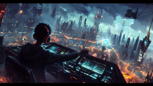 Cyberpunk operator overlooking neon dystopian megacity skyline.