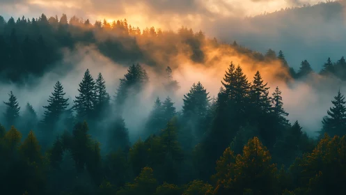 Misty Coniferous Forest at Golden Dawn.