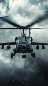 Attack helicopter storms through dark raincloud sky.