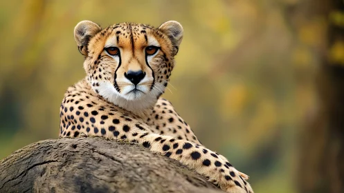 Cheetah rests on sunlit log amid soft golden bokeh.