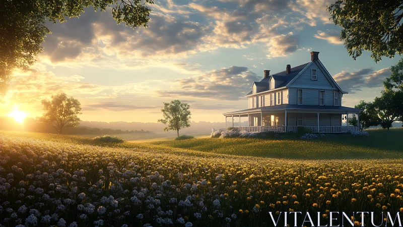 Sunlit country farmhouse resting in a peaceful flower field.